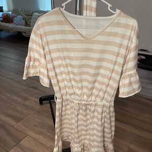 Striped Short Sleeve Waist Dress in Beige & White